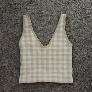 Beige Gingham V-Neck Tank Top